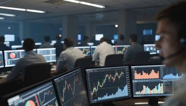 Medium shot of hedge fund control room featuring sharp focus on performance dashboards monitoring longshort equity strategy metrics with blurred background activity.