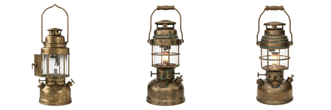 Set and collection of vintage brass oil lanterns and antique kerosene lamps for camping and home decor isolated on white transparent png background