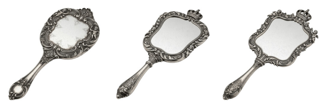 Set and collection of luxury vintage silver hand mirrors with ornate filigree frames and royal crown details isolated on white transparent png background