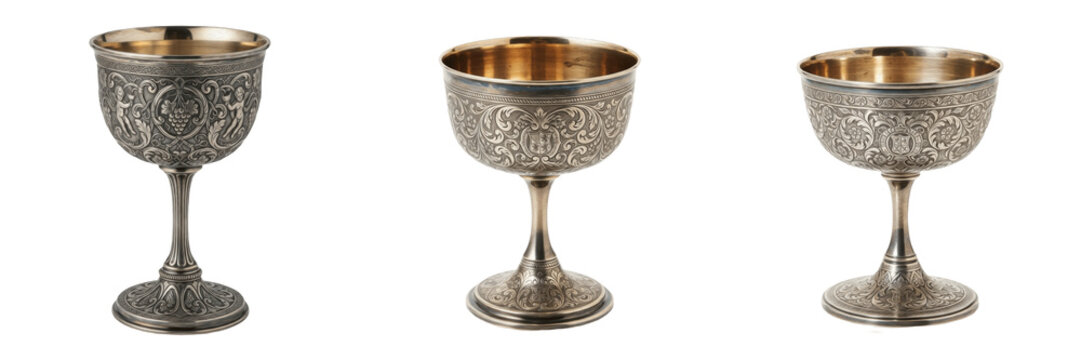 Set and collection of antique silver goblets with intricate floral engravings and golden interior linings isolated on white transparent png background