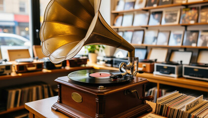 Obraz premium Vintage Tunes: An antique gramophone stands as a timeless symbol of music history, capturing the nostalgia of a bygone era. A record player ready to play some tunes