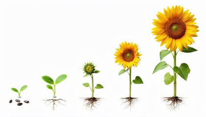Obraz premium Sunflower's life cycle: A vibrant illustration showcasing the captivating metamorphosis of a sunflower, from a tiny seed to a fully bloomed flower, symbolizing growth, progress.