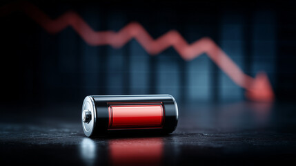 Battery in Decline: A visual representation of energy depletion, the image features a low-battery with a downward trending graph, conveying a sense of energy drain or financial decline.