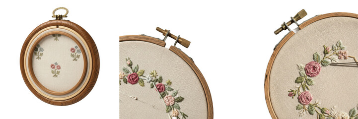 Set and collection of vintage embroidery hoop art with floral rose patterns isolated on white transparent png background © incredibleshots