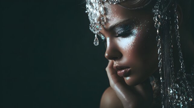 A beautiful woman with sparkling makeup and glittering hair poses dramatically in a dark studio setting.