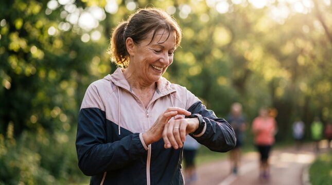 Active Senior Woman Checking Health Data on Smartwatch After Jogging in Park.