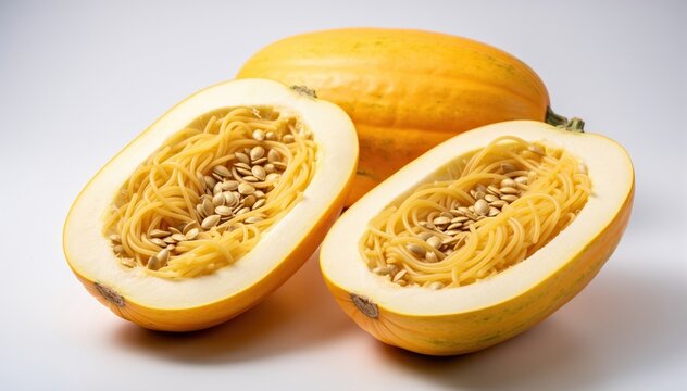 Golden Squash: Freshly cut spaghetti squash reveals its unique, spaghetti-like flesh and seeds. This image is a celebration of seasonal harvest and culinary delights.