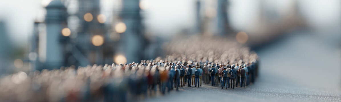 Urban March: An endless procession of figures threads through an expansive urban landscape, a testament to collective movement and the ebb and flow of city life.