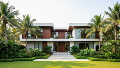 Fototapeta premium Luxurious Modern Home: A stunning modern residence boasts a clean, contemporary design, surrounded by lush landscaping and swaying palm trees, offering a serene and elegant living experience.
