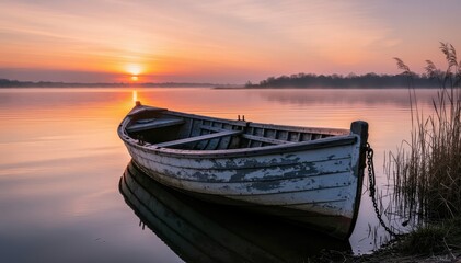 Obraz premium Serene Dawn: An old rowboat rests peacefully on a calm lake, bathed in the soft glow of a sunrise, evoking a sense of tranquility and the start of a new day.
