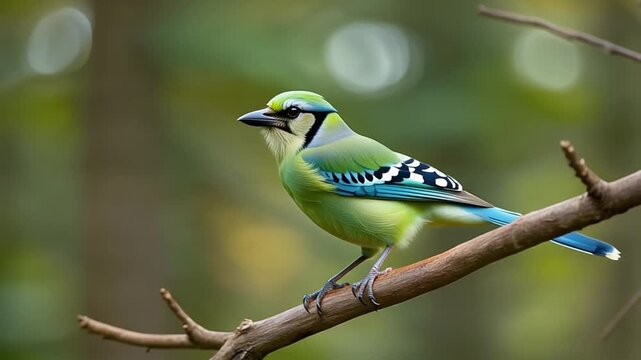 Vibrant Green Jay bird perched on a tree branch in the forest