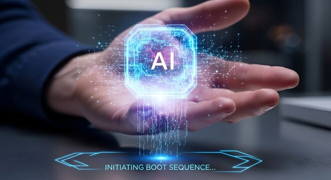 Hand holding glowing AI symbol with futuristic interface and boot sequence