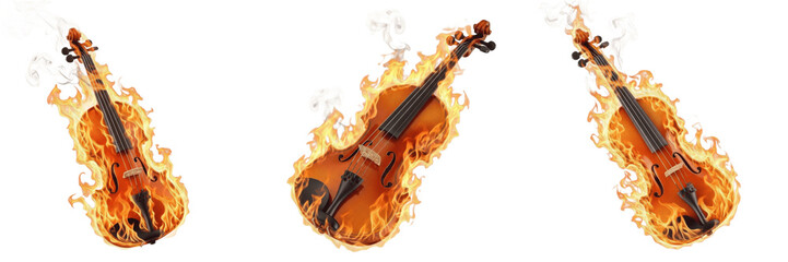 Set of burning violins and musical string instruments with bright fire flames isolated on transparent background png © Stock