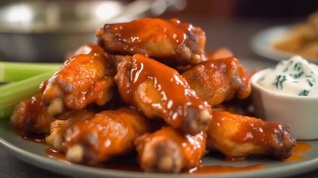 A close-up shot of a pile of chicken wings coated in a vibrant red sauce, with celery and dip
