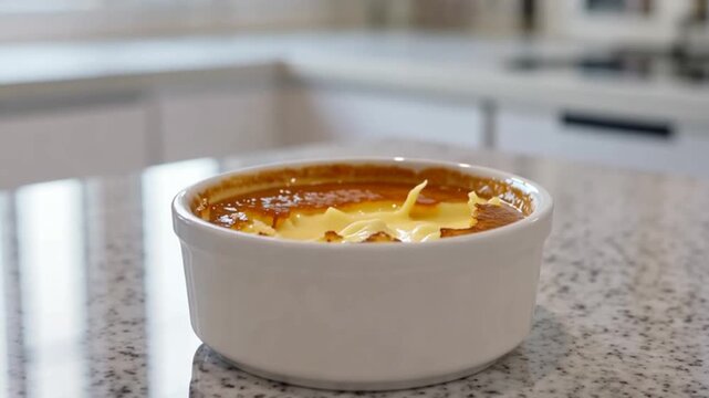 A close-up shot of a custard dessert in a white ramekin being scooped with a spoon
