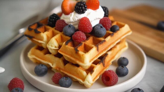 A stack of golden-brown waffles topped with fresh berries and whipped cream on a white plate