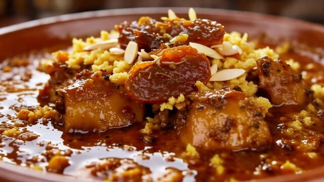 Close-up of a flavorful, savory meal in a rustic brown bowl, with couscous and sliced almonds