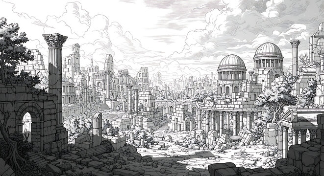 Ancient cityscape with ruins and domed buildings in a state of disarray