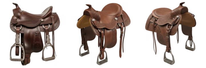 Fotobehang Paardrijden Set of vintage brown leather horse saddles and antique western equestrian tack collection isolated on white transparent png background  © masterimages