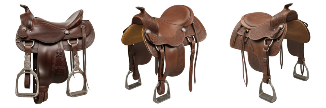 Set of vintage brown leather horse saddles and antique western equestrian tack collection isolated on white transparent png background