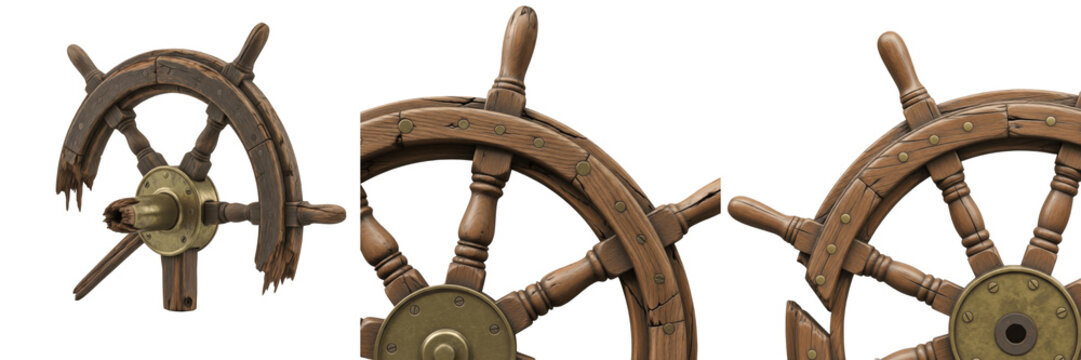 Set of broken vintage ship wheels and damaged nautical wooden steering helm collection isolated on white transparent png background