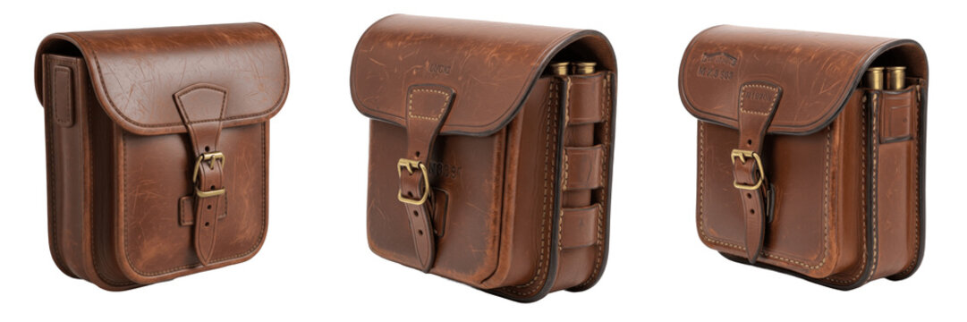 Set of vintage brown leather satchel bags and rustic messenger pouches with brass buckles isolated on white transparent png background