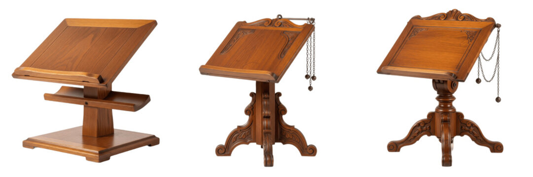 Set of vintage wooden lectern collection and antique book stand podiums isolated on white transparent png background