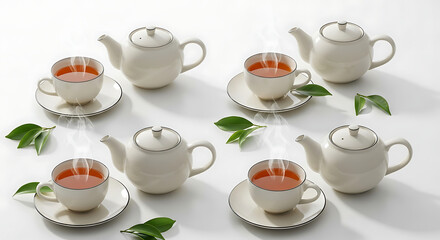 Fototapeta premium Set of white teacups and teapots with orange liquid on saucers isolated on white background