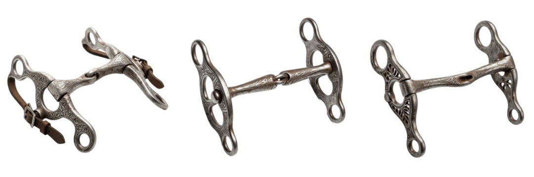 Set and collection of vintage metal horse bits, antique equestrian bridle bits, traditional stainless steel snaffle and curb bits for horse riding isolated on white transparent png background