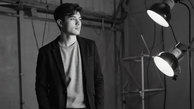 Creative professional maintains confident pose while camera slowly orbits showing different profile angles