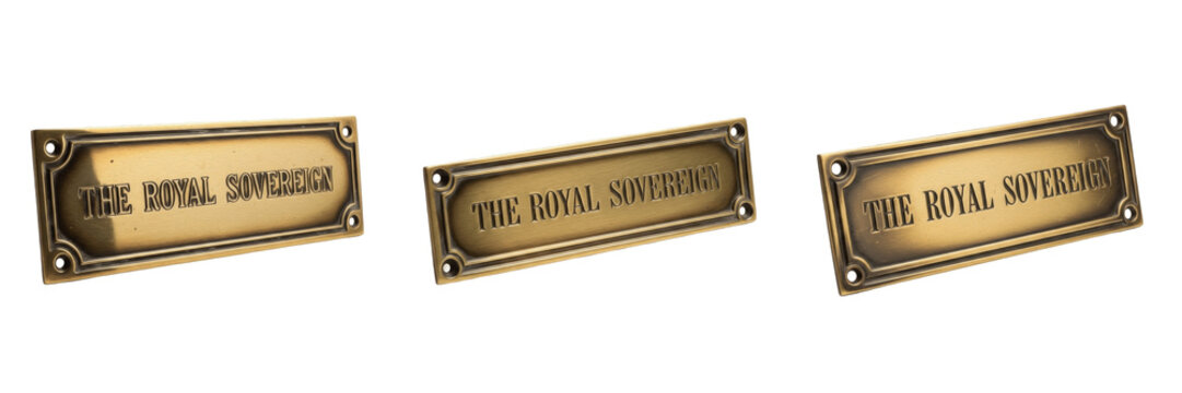 Set and collection of vintage brass nameplates, antique metal plaques with The Royal Sovereign engraving, decorative golden sign boards for doors or furniture isolated on white transparent png 