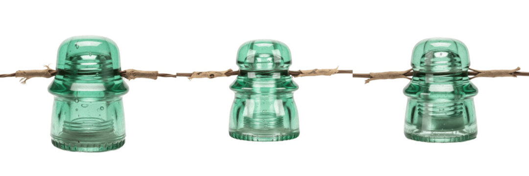 Set and collection of vintage green glass insulators antique electrical telegraph wire insulators isolated on white transparent png background