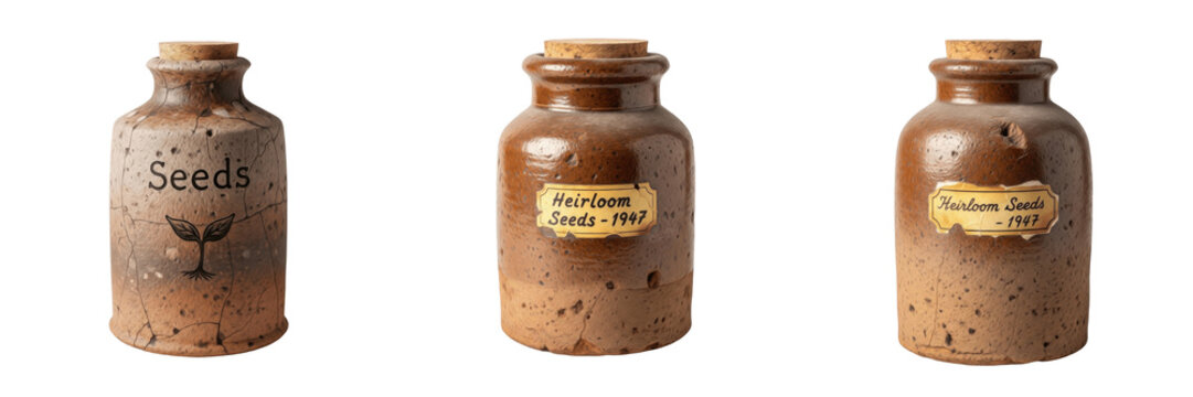 Set and collection of vintage ceramic seed jars antique stoneware pottery bottles with cork stoppers isolated on white transparent png background