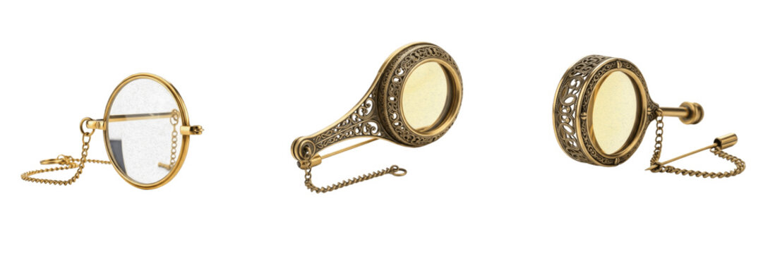 Set and collection of vintage antique gold monocle and lorgnette magnifying glass eyewear isolated on white transparent png background