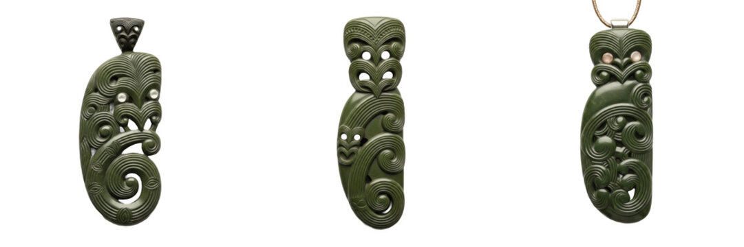 Set and collection of traditional Maori greenstone jade hei tiki pendants and ethnic New Zealand pounamu carvings isolated on white transparent png background