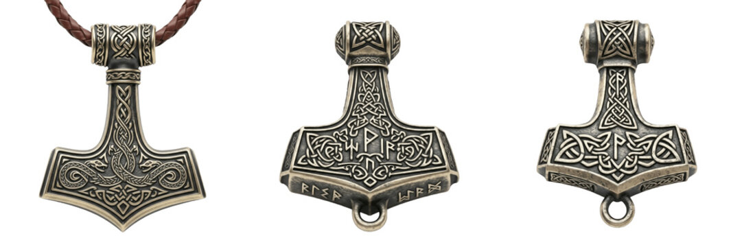 Set and collection of viking thor hammer pendants mjolnir ancient nordic jewelry with celtic knot patterns isolated on white transparent png background