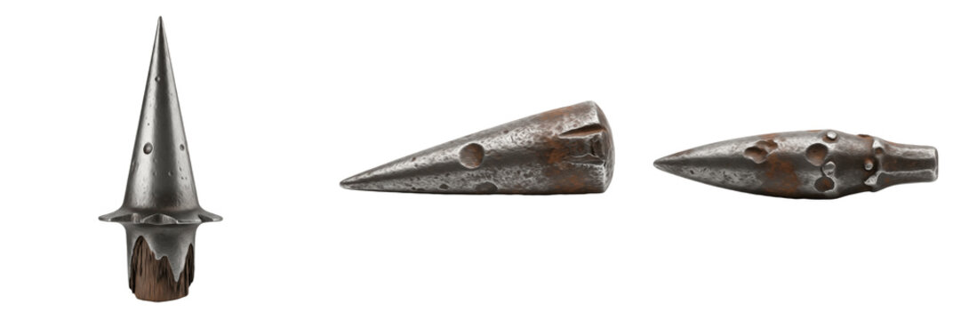 Set and collection of ancient medieval iron spearheads and rusty metal arrowheads historical weapon points isolated on white transparent png background
