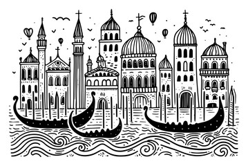 Venice Italy skyline with gondolas on water, canal city architecture sketch with domes and historic buildings © Luka