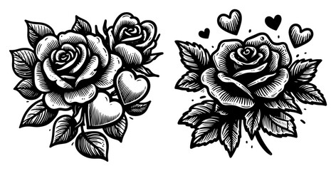 Blooming rose flowers with hearts set, romantic floral tattoo design, valentine's day love roses woodcut style