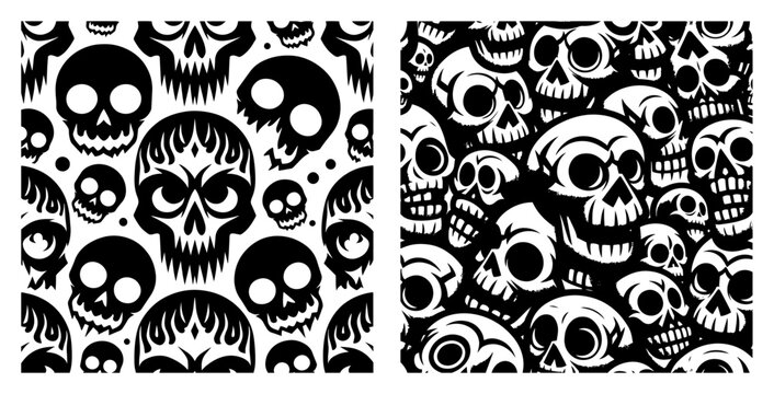 Skull seamless pattern set, gothic horror background with stylized skulls and flaming skeleton heads for rock and halloween design