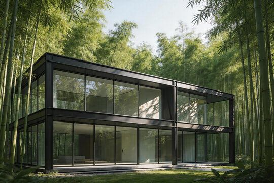 Modern black steel and glass house nestled within a lush green bamboo forest in daylight