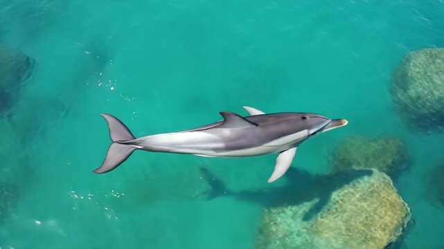  Dolphin swims smoothly through frame with powerful tail movements while camera follows its graceful motion