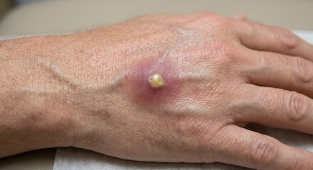 A healthcare professional meticulously cleans and treats a prominent skin lesion on a patient's hand, addressing a localized infection or boil requiring medical attention