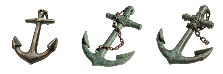 Set of vintage ship anchor 3D renders with rusty chains and antique bronze texture isolated on white transparent png background © wonderfull