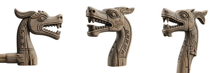 Set of ancient Viking dragon head wood carvings and decorative Norse ship prow ornaments isolated on white transparent png background © wonderfull