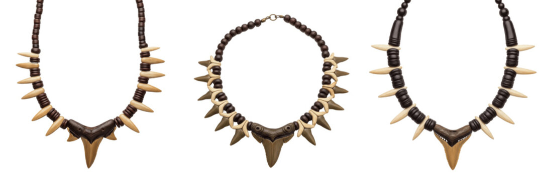 Set of tribal tooth necklaces with wooden beads and primitive bone charms isolated on white transparent png background