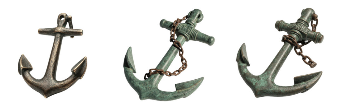 Set of vintage ship anchor 3D renders with rusty chains and antique bronze texture isolated on white transparent png background