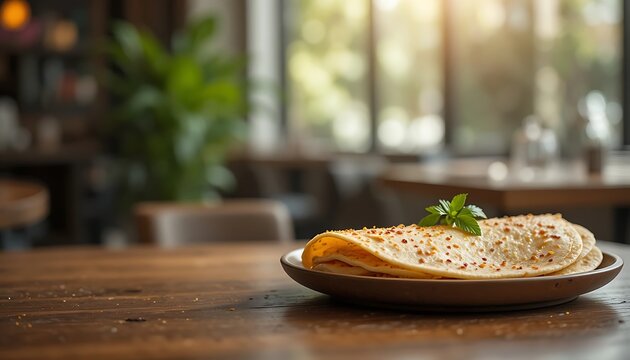 Folded golden brown crepe garnished with red pepper flakes and fresh mint served on a white plate indoors