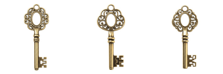 Fototapeta premium Set of vintage ornate brass skeleton keys and antique decorative metal door lock tools collection isolated on white transparent png background