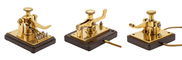 Set of vintage brass telegraph keys and antique morse code transmission instruments collection isolated on white transparent png background © wonderfull